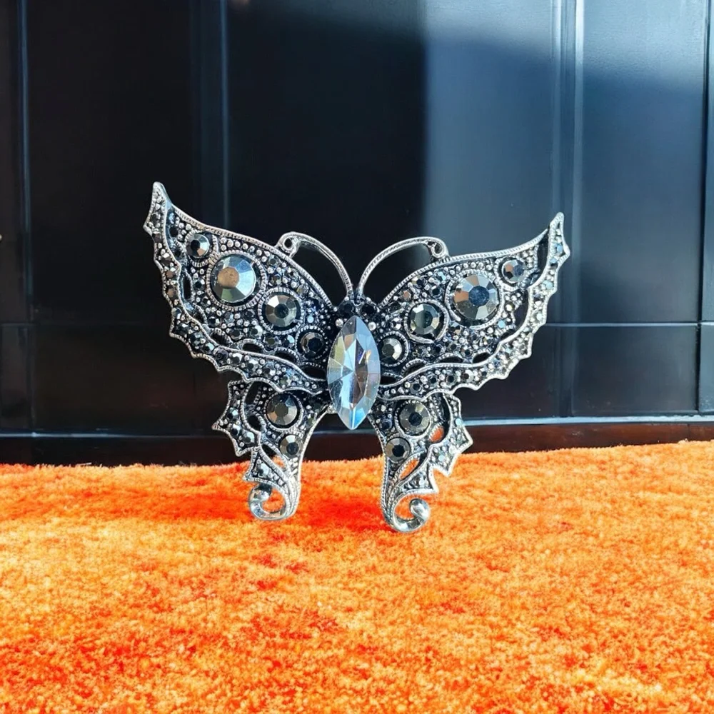 Silver-Tone Black Butterfly Brooch with Glass Gem Accents - Picture 1 of 4